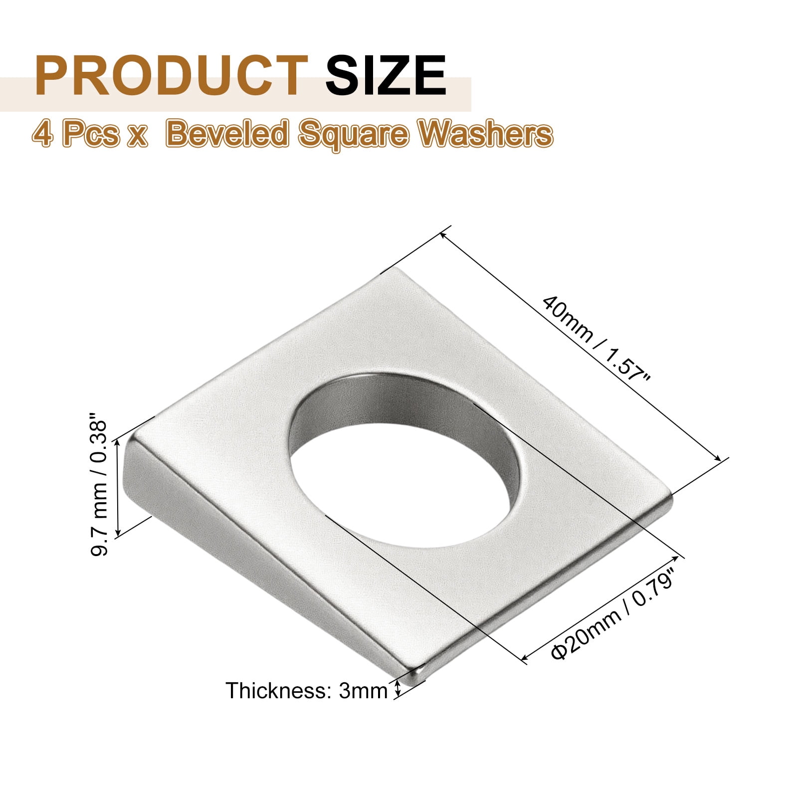 4pcs Beveled Square Washers, M20x40mm Square Beveled Washers Bearing Strut Plate Flat Pad Spacer 304 Stainless Steel for 20mm Bolts Wedge Shim Leveling Fastener Nut Bolt Gasket, Silver