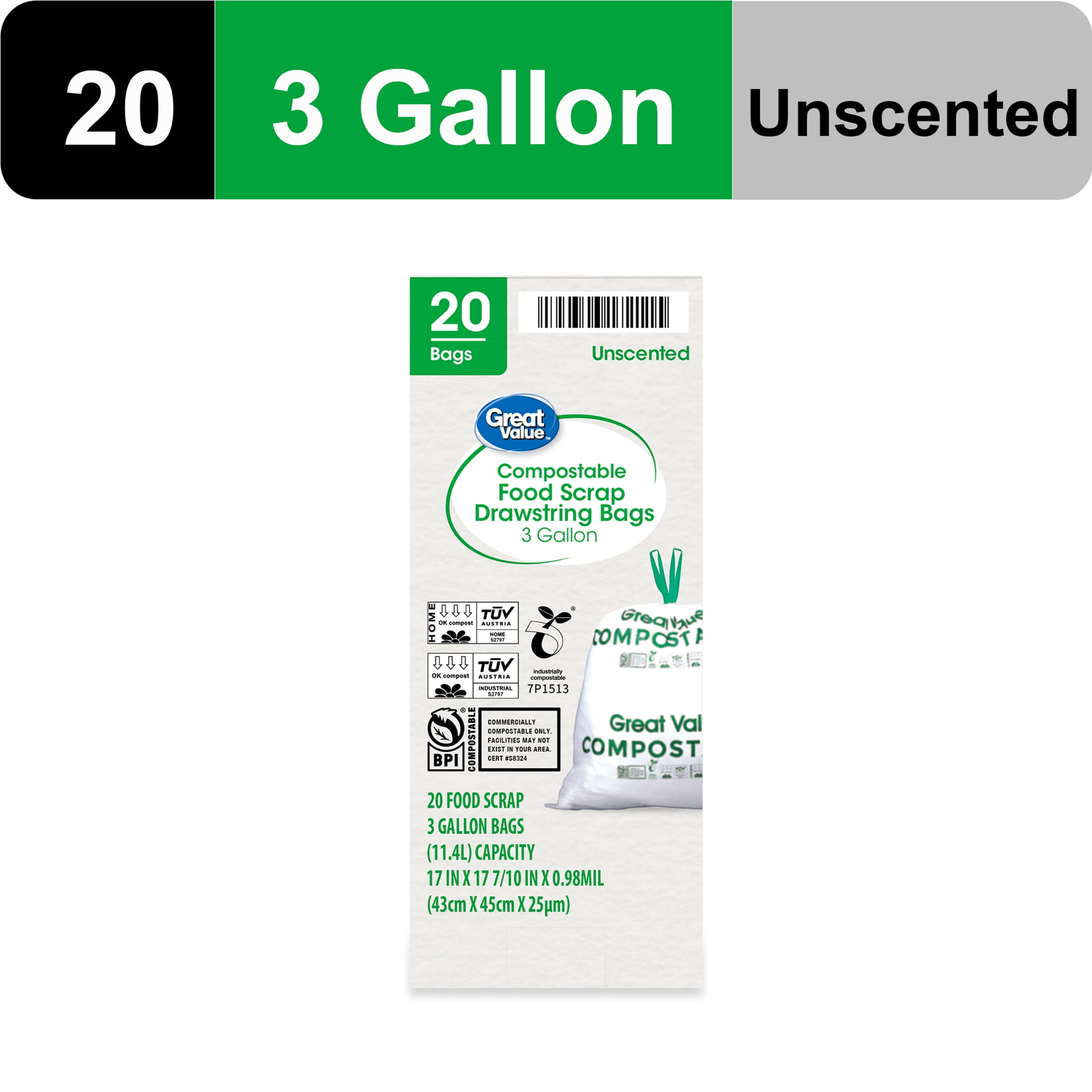 Great Value 3-Gallon Small Compostable Trash Bags, 20 Bag