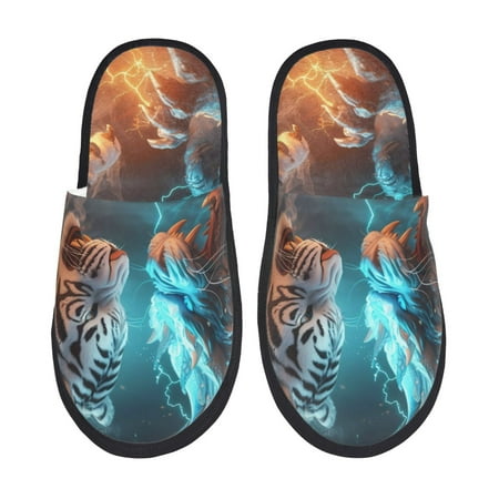 Balery Blue Dragon And White Tiger Slient Indoor Furry Fleece Comfort House Shoes Soft Non-Slip Home Shoes Cotton slippers House Slippers-- Medium