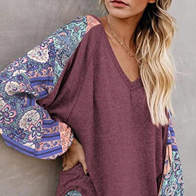 Blusa con Estampado de Empalme Bohemio con Cuello en V para Mujer Blusa Informal de Manga Larga con Corte Holgado Y Abertura Lateral ANGGREK Otros
