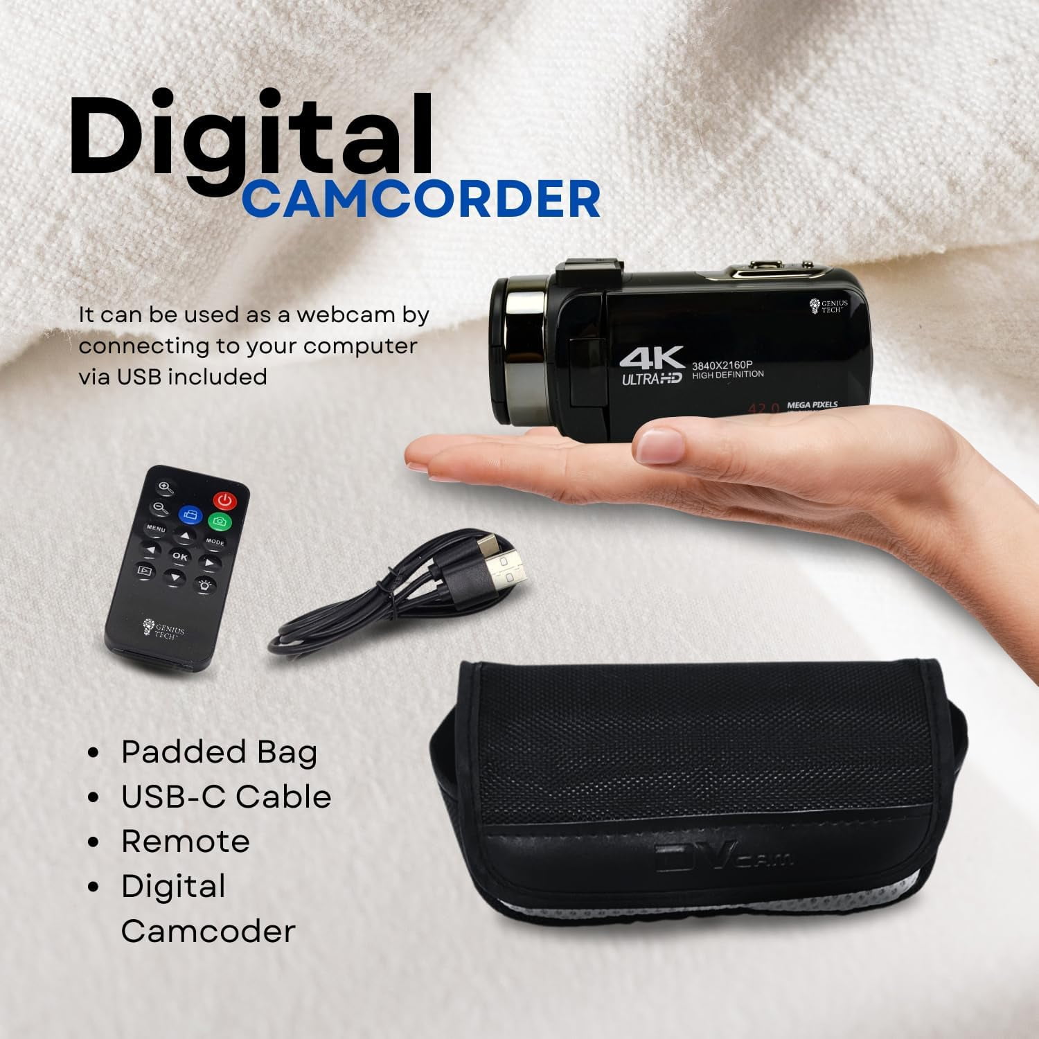 GeniusTech Digital Video Camera 42MP with 64GB SD Card, Remote, Case & USB Cable – Black