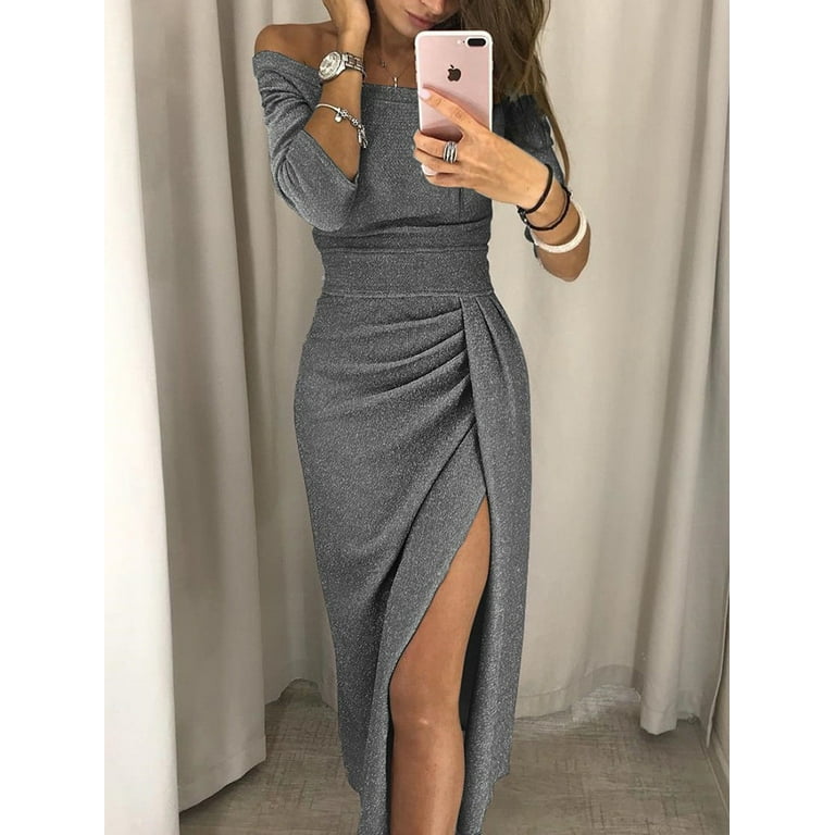 Women's Off Shoulder Long Sleeve Bodycon Evening Cocktail Party Long Dress