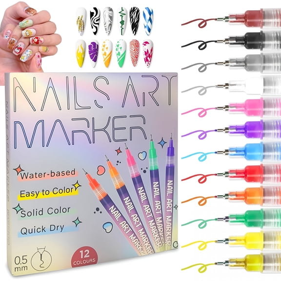 SELVORIA 12 Color Nail Art Pens,0.5 Mm Diy Nail Art Markers for Painting Nails,Quick-Drying&Waterproof Acrylic Ink Nail Polish Pens