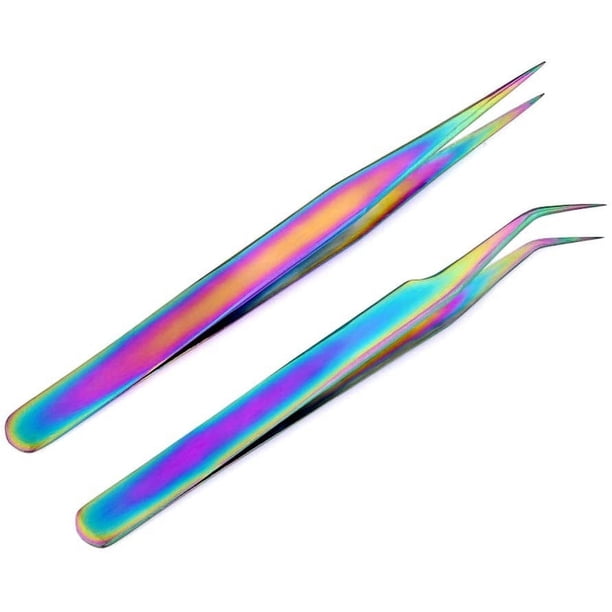 Apuakthei - Juego de 2 pinzas curvas de acero inoxidable, pinzas rectas para recoger cejas, pestañas, manicura y decoración de uñas