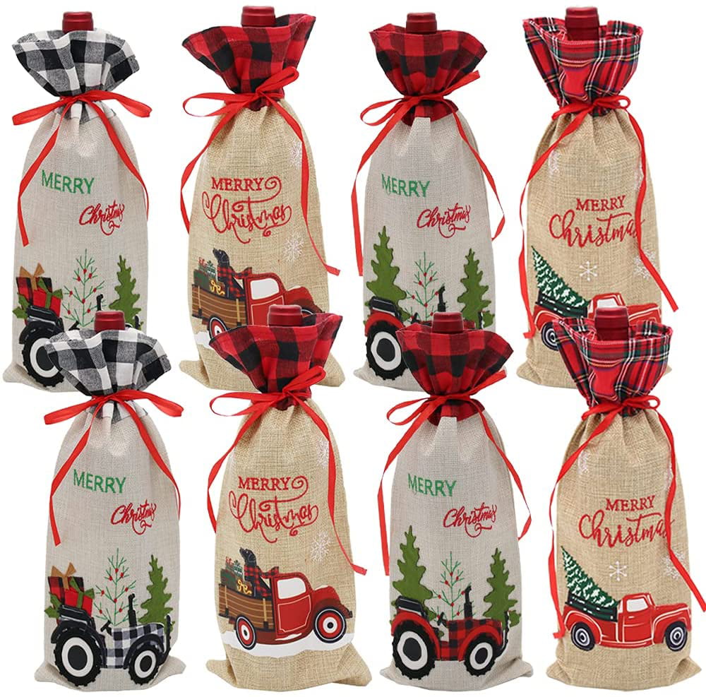 Vintage Burlap Bottle Bags for Dining Table Decorations KEFAN Pack of 4 Christmas Wine Bottle Covers with Ribbons 