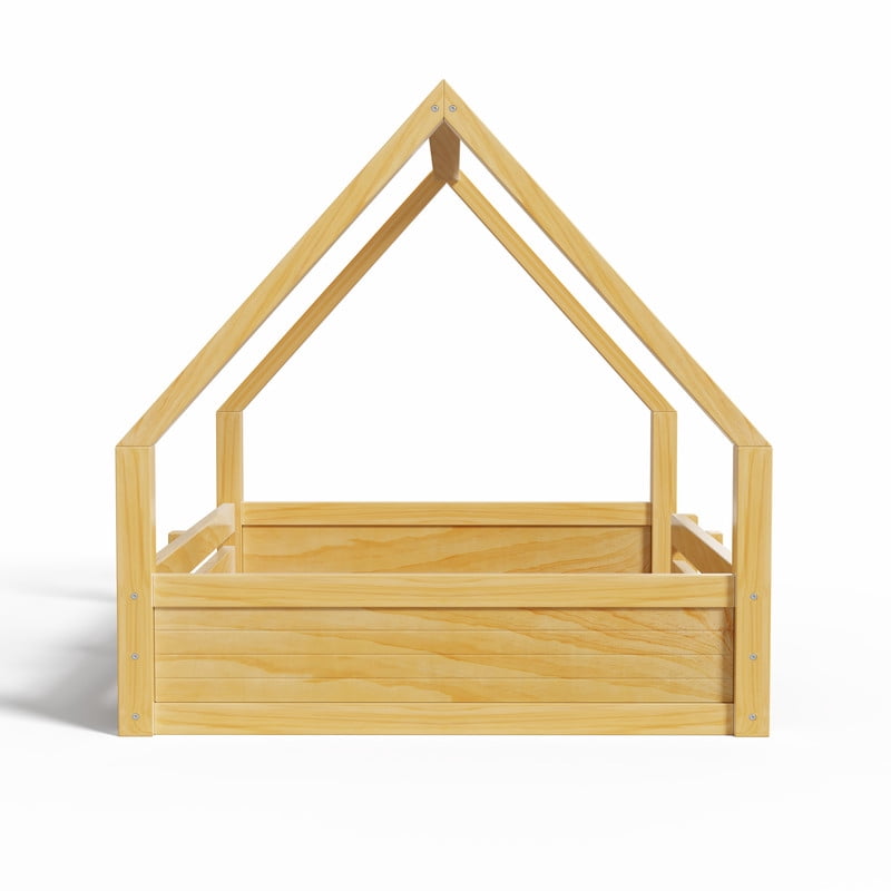 Full Size Kids House Floor Bed, Wooden Platform Bed Frame with Open Roof Frame, Child Bed with Fence Guardrails