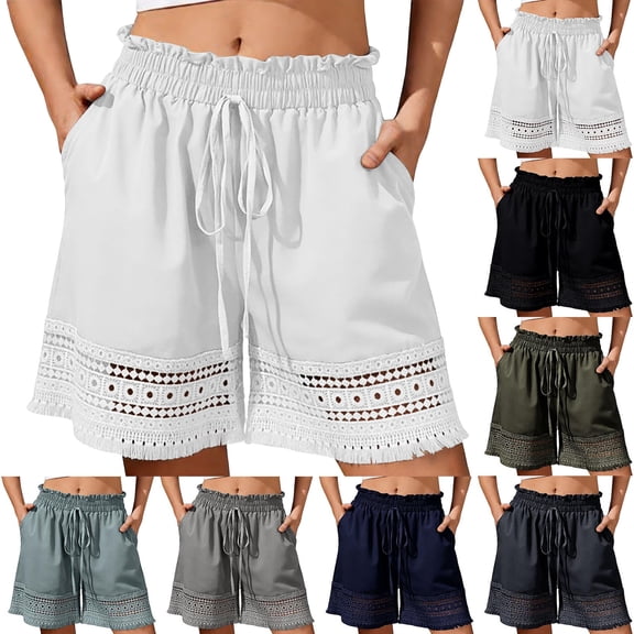 Womens Elastic High Waist Cotton Shorts Casual Ladies Drawstring Lace Summer Beach Shorts XXL White