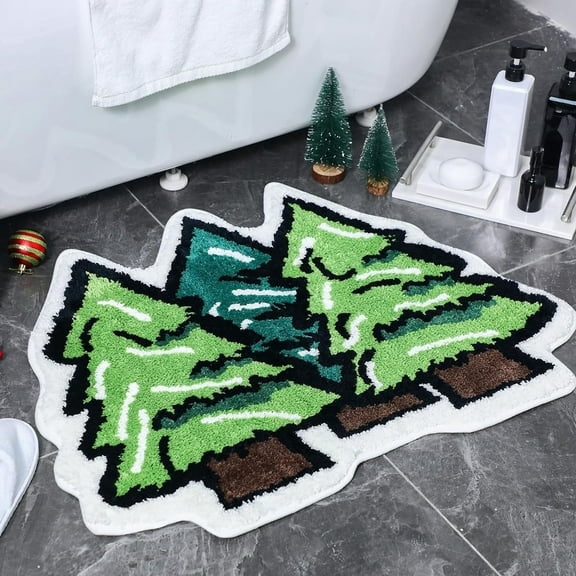 PONPRNGY Christmas Bathroom Rugs Green Christmas Tree Bath Mat for Living Room Non Slip Christmas Bathroom Decor with Backing Soft Absorbent Shower Carpet for Xmas Winter Home Decor