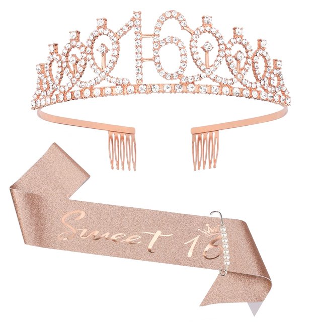 Juego de corona de 16 cumpleaños y marco dulce de 16 y alfileres de perlas, tiara y corona de cumpleaños para niñas, banda de cumpleaños para niñas, decoraciones dulces de 16 cumpleaños para niñas, re