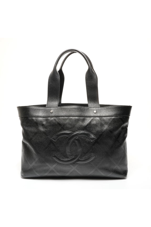 Pre-Owned Chanel CHANEL Perforated Large Coco Mark Leather Tote Bag Black