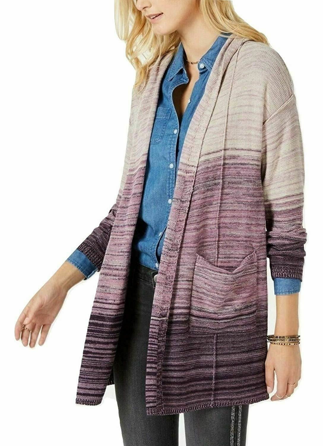 Photo 1 of PM Style Co Women's Petite Open Front Marled-Knit Hooded Cardigan Grape Size PMedium