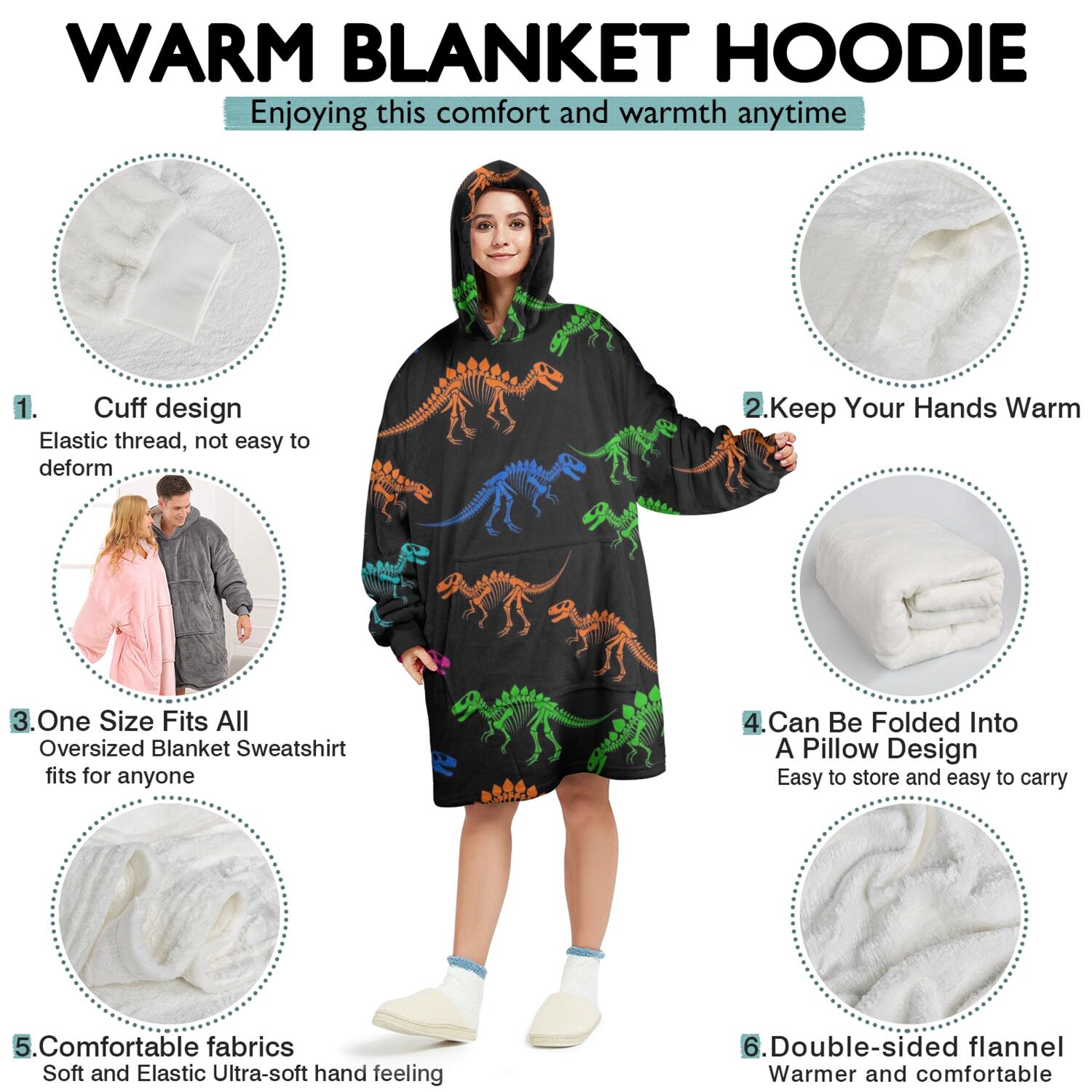 Wearable Oversized Blanket,Black Cartoon Colorful Dinosaurs Skeletons Pattern Wearable Blanket Hoodie for Adults,Cozy Hooded Blankets with Super Pockets,Super Warm Fuzzy Pullover for Women & Men