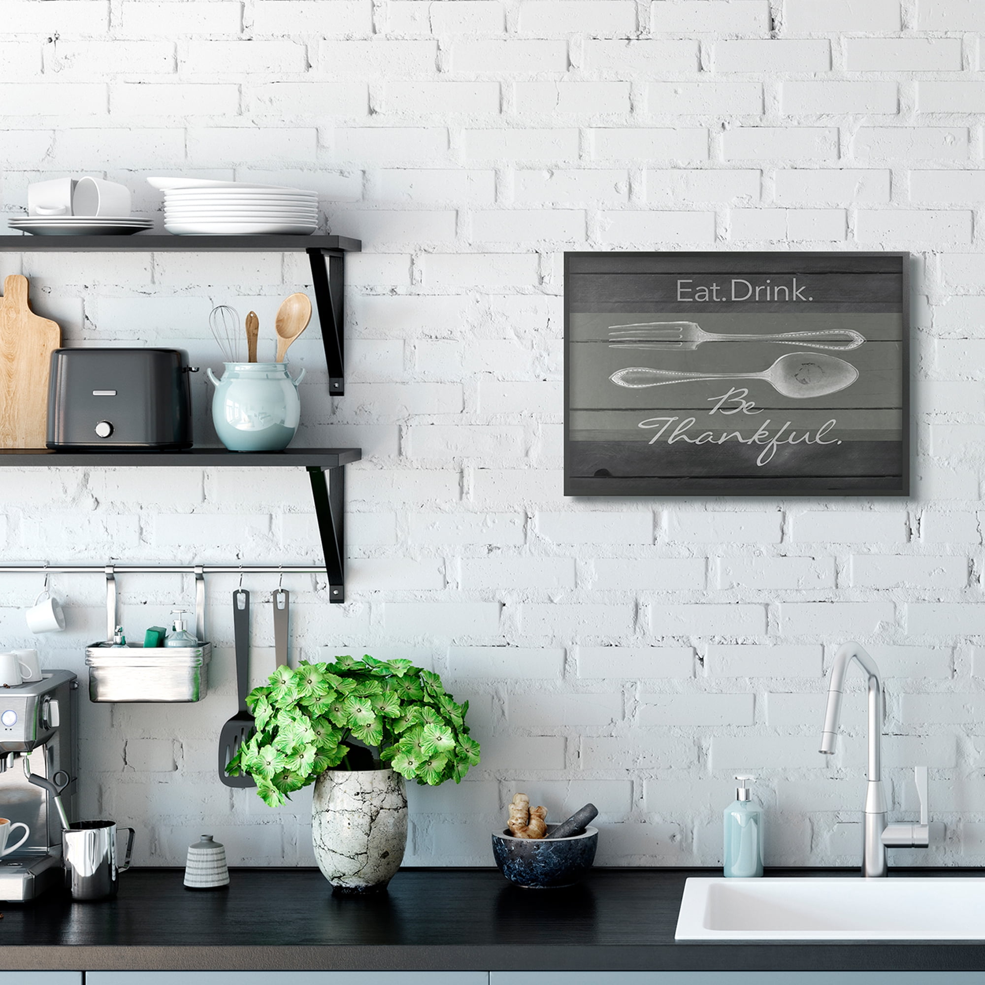 Stupell Industries Eat Drink Be Thankful Silverware Kitchen Wood Texture Word Design Graphic Art Black Framed Art Print Wall Art, 16x20, by The Saturday Evening Post