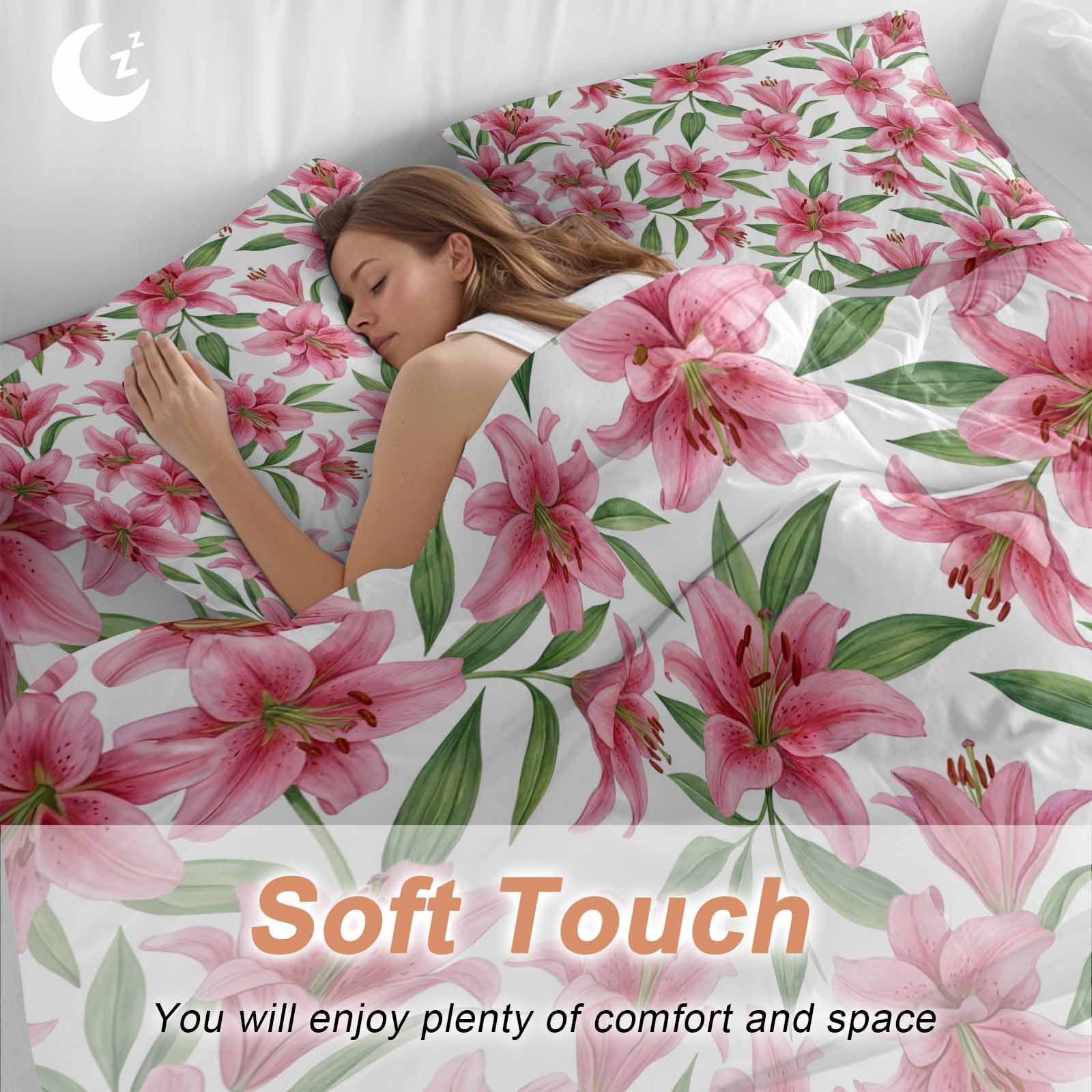 Summer Lily Queen Duvet Cover Set, Watercolor Pink Flower Pastoral Style 4 Piece Microfiber Bedding Set with Zipper Closure, Bed Sheet and 2 Pillow Shams, Soft Bedding Cover
