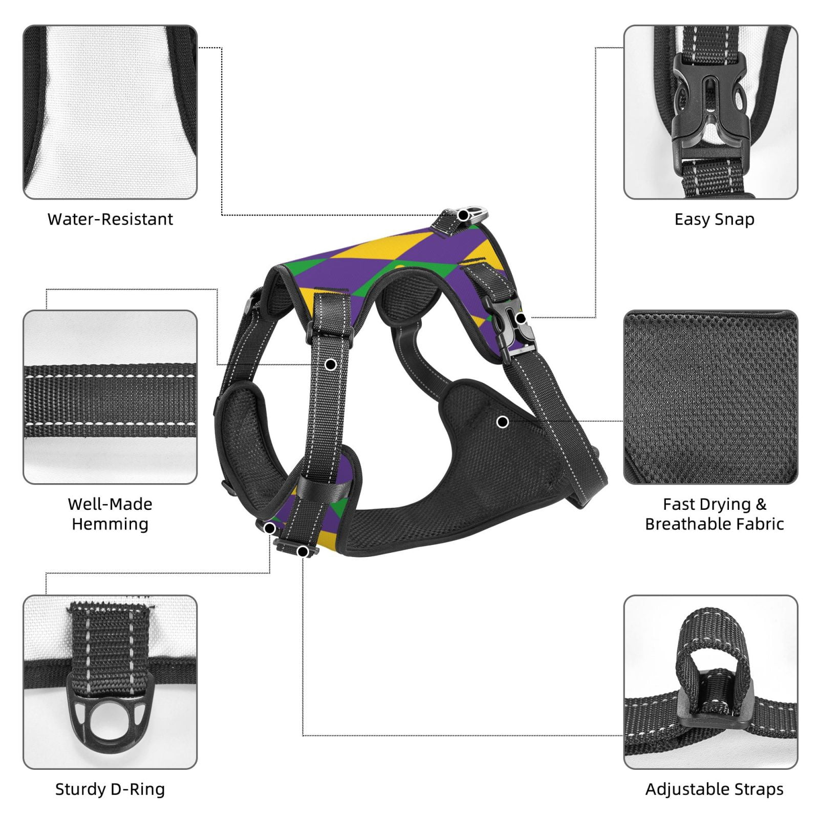 Vsdgher Mardi Gras Pattern Dog Harness,No Pull Pet Harness with Soft Padded Handle,Adjustable Reflective Vest with 2 Buckles,4 Slide Buckles,S-XL