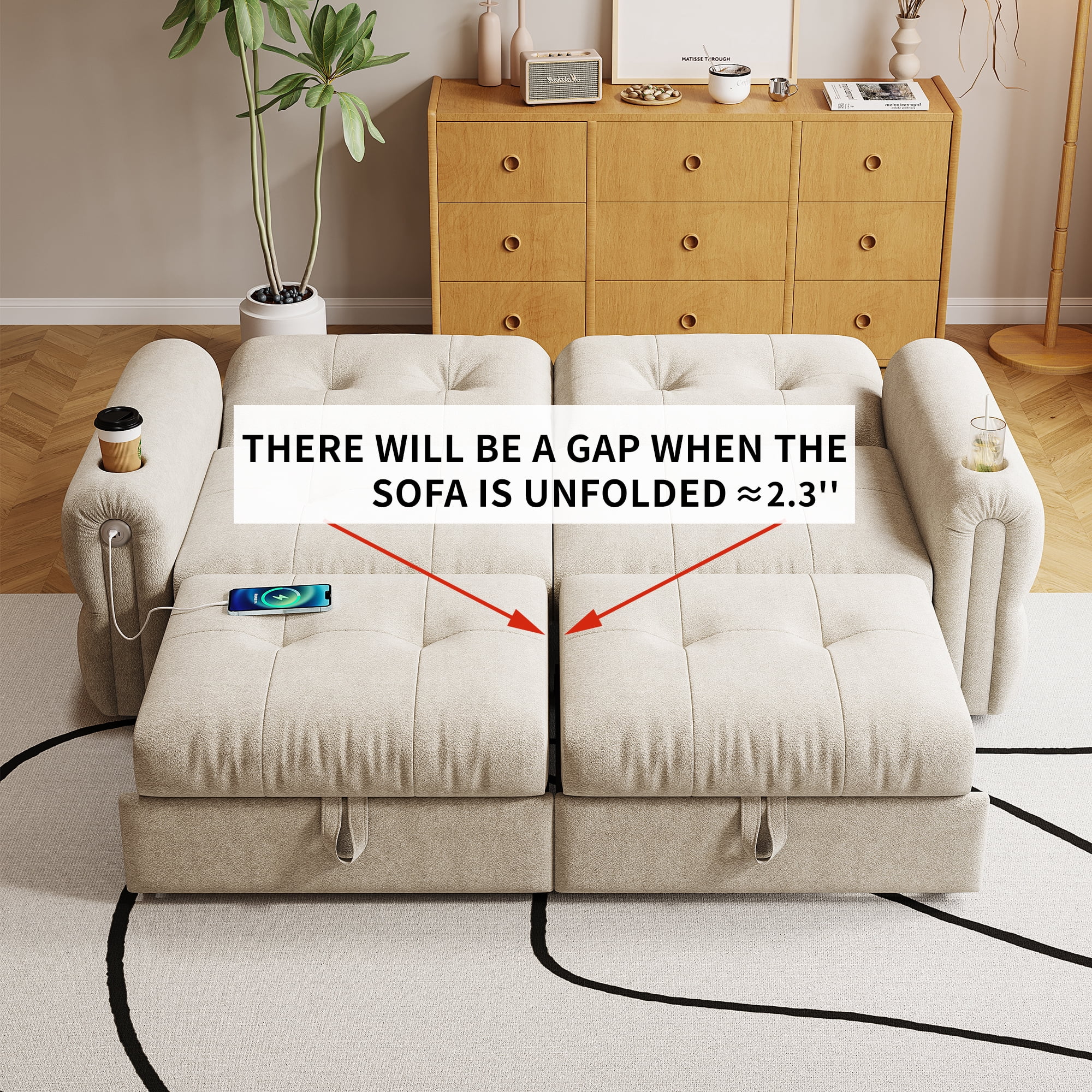 LLappuil 77" Pull Out Sofa Bed Queen Size, Loveseat Sofa Convertible Sofa Bed with USB Port Cupholders, Chenille Sofa Couch for Living Room Beige
