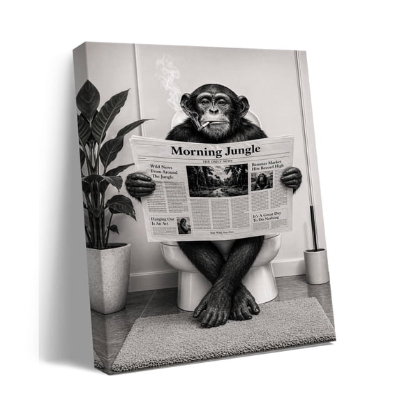 Funny Chimpanzee Bathroom Canvas Wall Art, Monkey Reading Newspaper on Toilet, Black White Animal Bathroom Decor