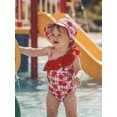 thumbnail image 4 of BemeyourBBs Toddler Baby Girls Swimsuit with Hat 2 Pcs Set Cherry Bow Strawberry Print Ruffled Trim Spaghetti Strap Sleeveless Swimwear, 4 of 9