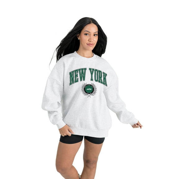 Women's Gameday Couture  Ash New York Jets Traditional Logo Oversized Premium Fleece Pullover Sweatshirt