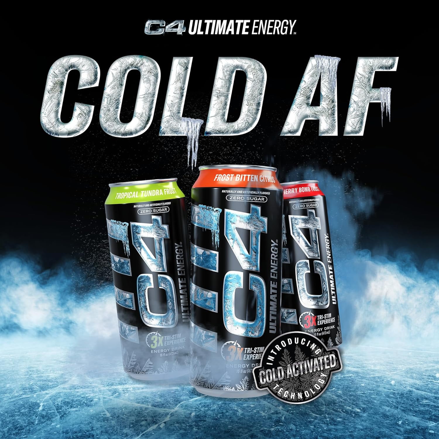 C4 Ultimate Energy Drink, Frost Bitten Citrus Flavor, Zero Sugar, Carbonated, 16 oz can (12 Pack)