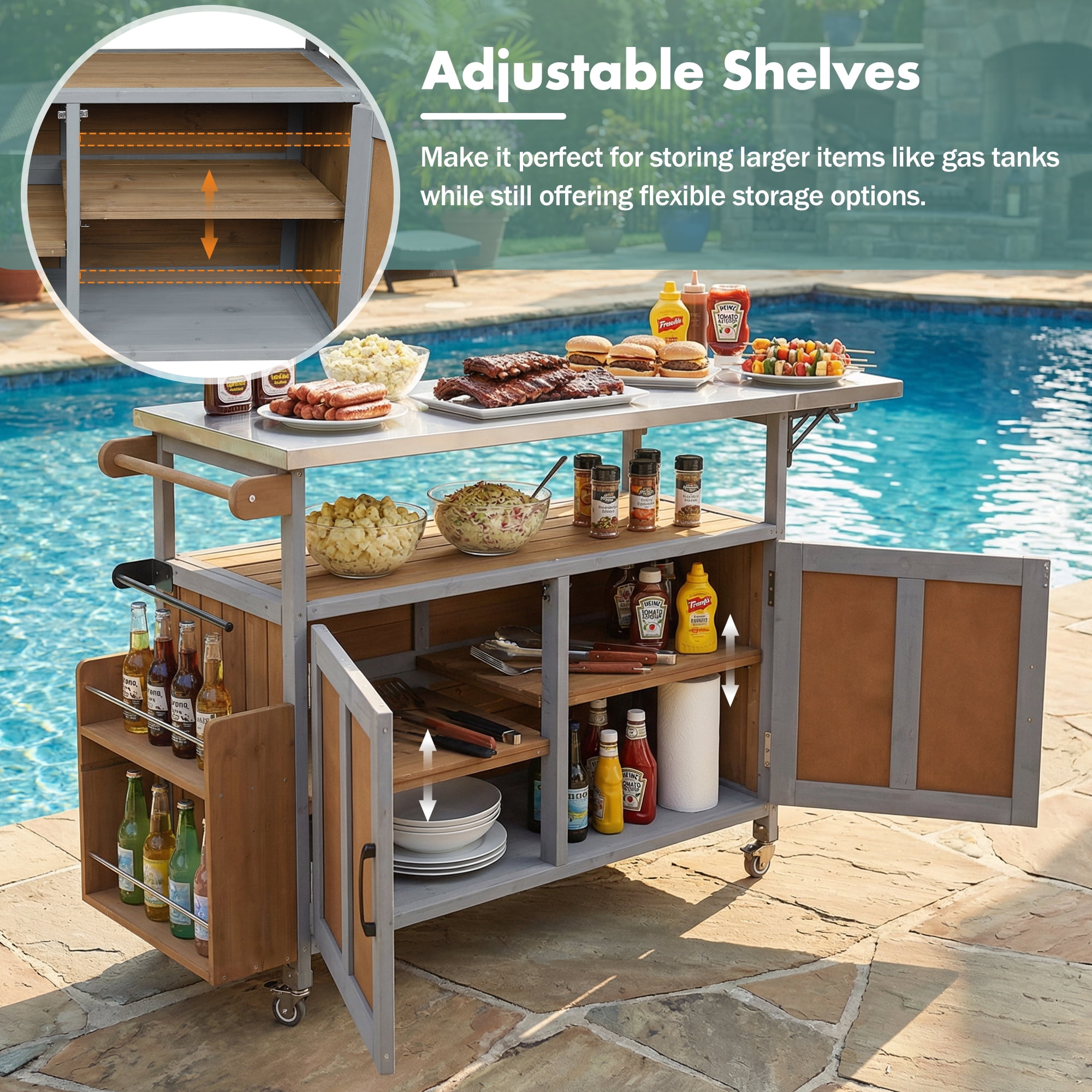 Mobile Cooking Island, Foldable Outdoor Patio Kitchen Cart, Espresso and Grey