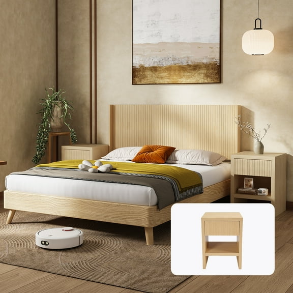 Night Stand with Drawer Storage Fluted Bed Side Table End Table Large Modern Wide Bedside Stand Mid Century Night Stands for Bedroom Living Room Sofa Office, Natural Wood