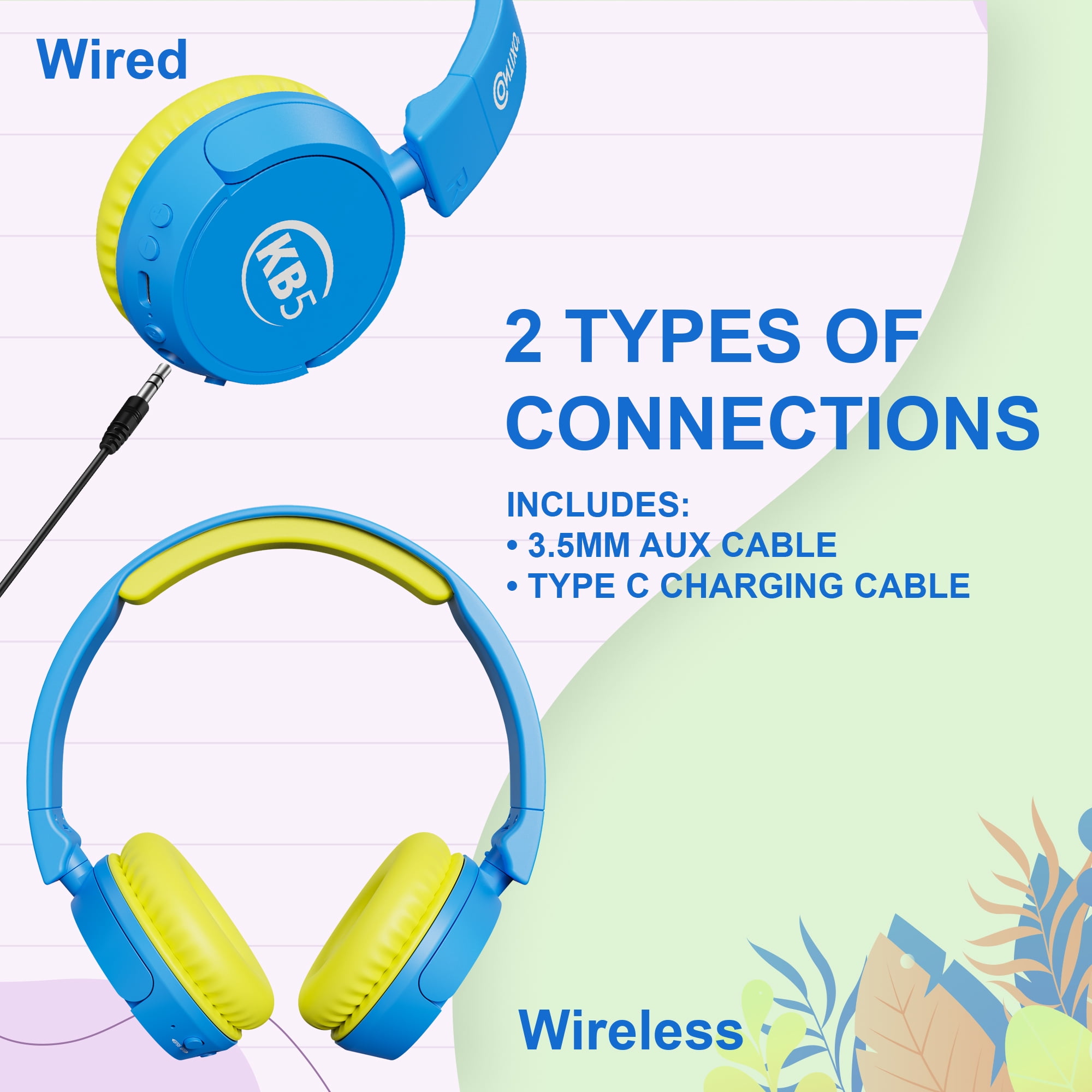 Contixo KB-5 Wireless Kids Headphones, Over-Ear Foldable Bluetooth Headset with 85dB Volume Limit, Blue/Yellow