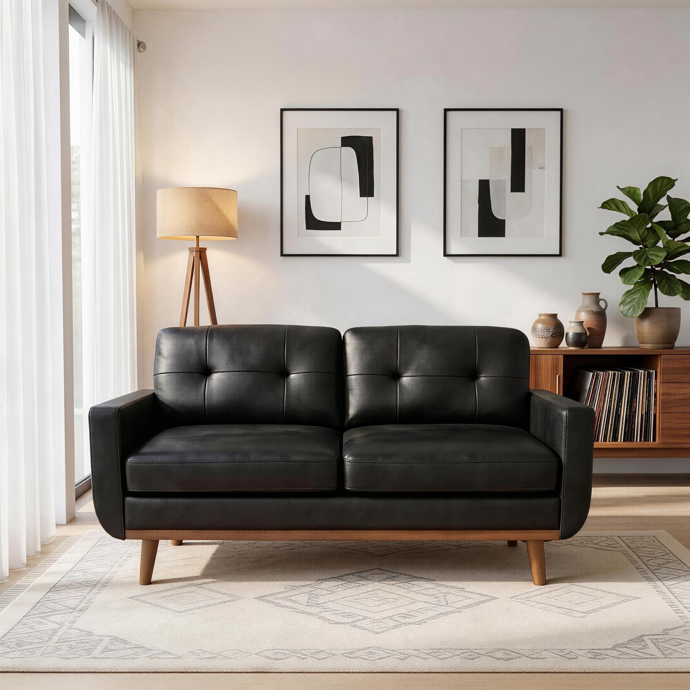 Noble House 65" Mid-Century Modern Loveseat Sofa, Breathable Foil Fabric Upholstery, Black