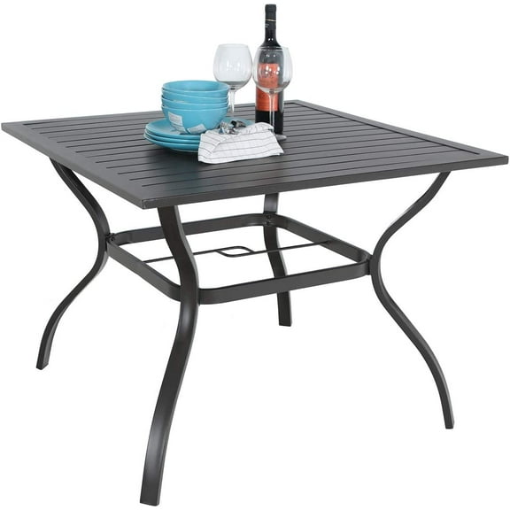 PHI VILLA 37" Patio Table for 4, Metal Outdoor Dining Table with E-Coating, Square Steel Slated Outdoor Table with 1.57" Umbrella Hole for Garden Backyard, Black