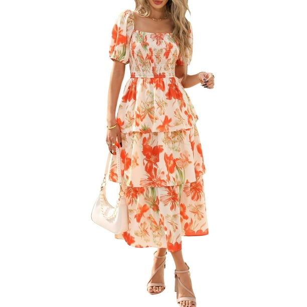 Vestido casual BTFBM para mujer con cuello cuadrado y manga abullonada