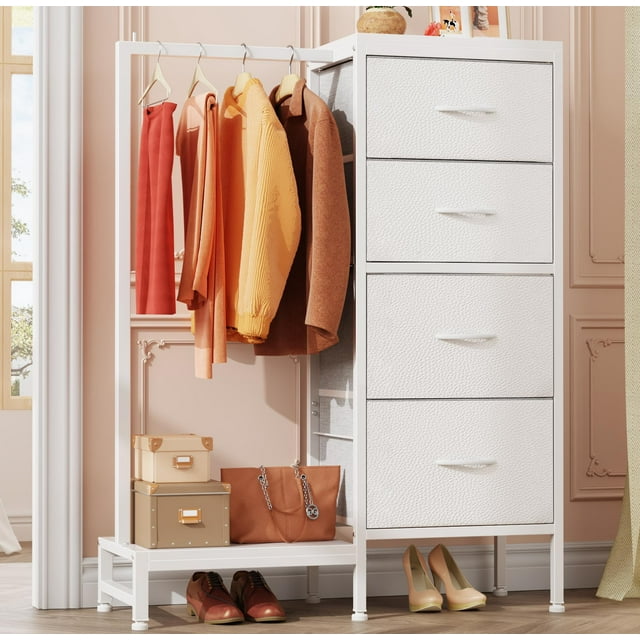 Cómoda HIGDBFE de 44" de alto, 4 cajones con barra para colgar, blanca