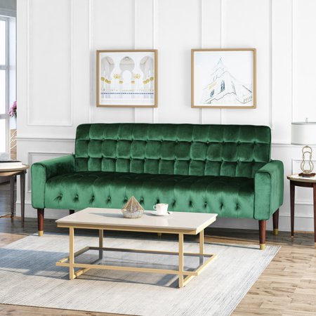Christopher Knight Home Hertford Velvet Sofa by Emerald/Dark Espresso Velvet Mid-Century Modern