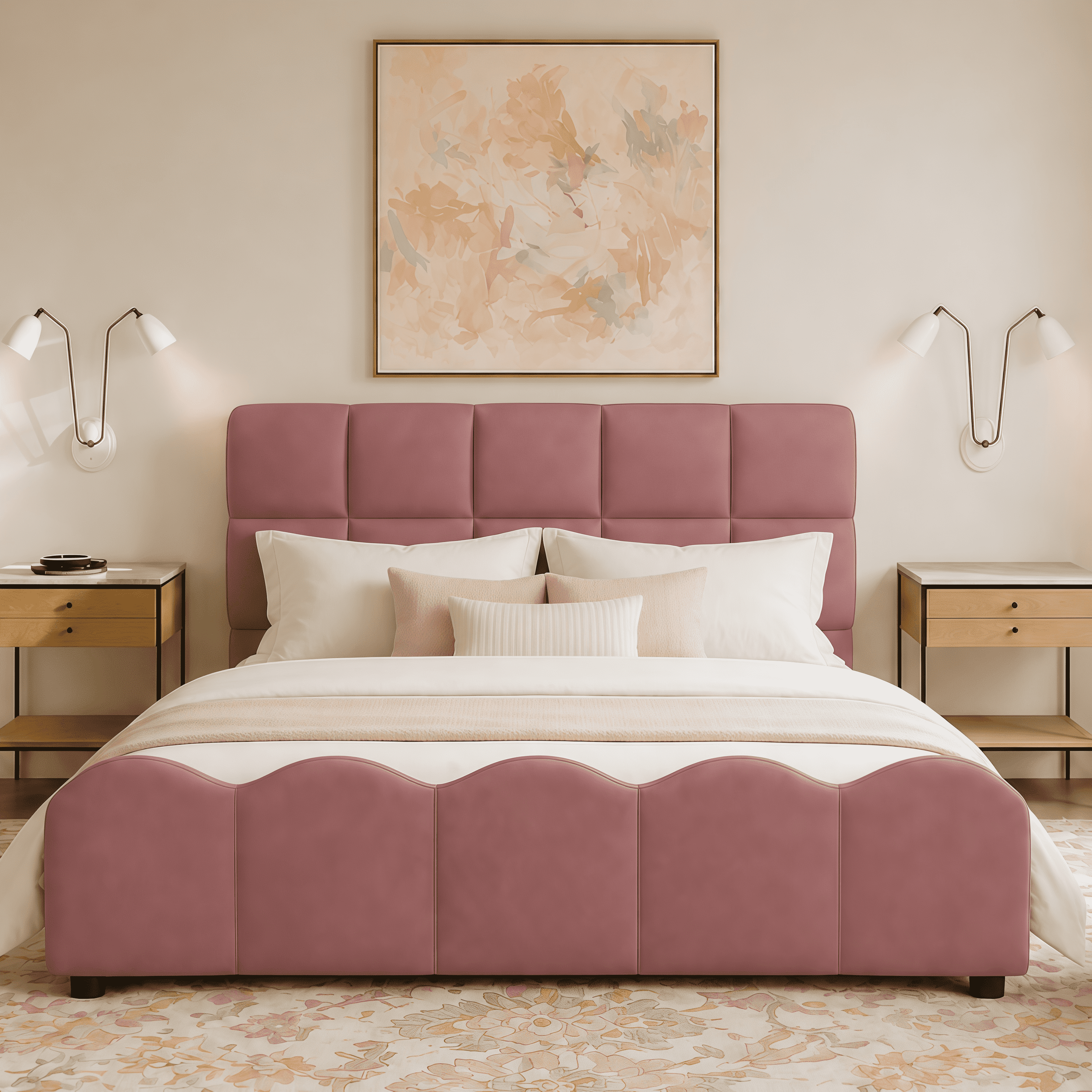 Euroco Upholstery Velvet Full Size Platform Bed with Tall Panel Headboard, No Box Spring Needed, Pink