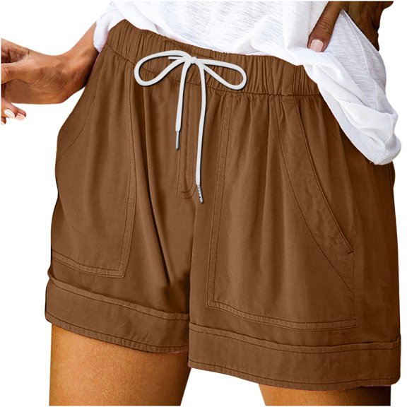 Owordtank Womens Solid Color Casual Board Shorts with Pockets Drawstring Loose Pull on Shorts