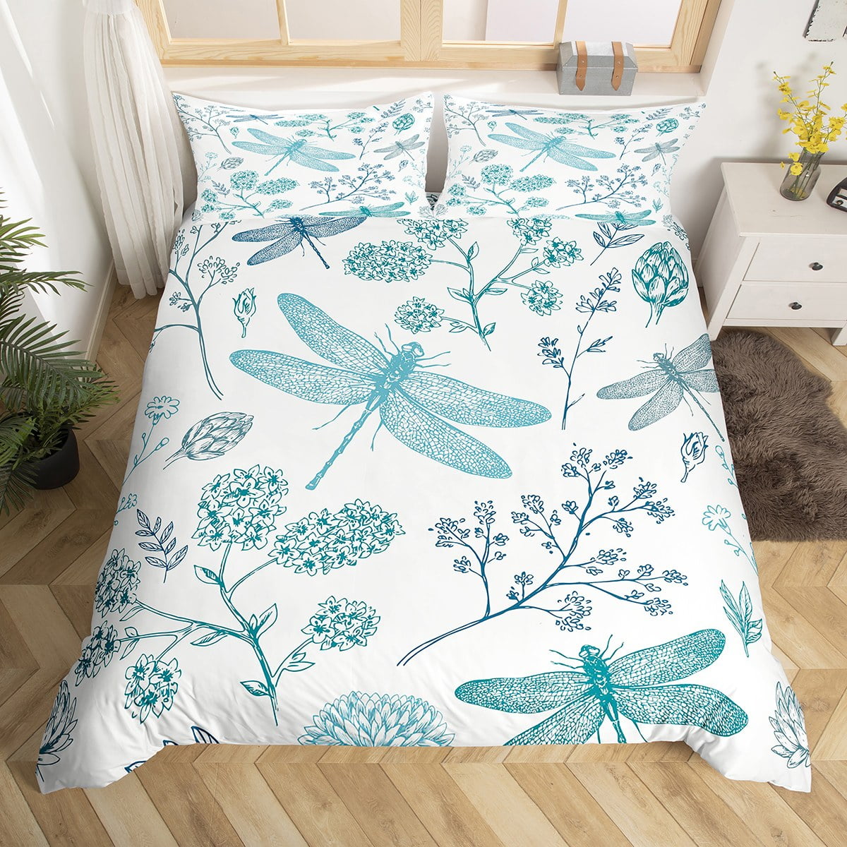 YST Dragonfly Duvet Cover Twin,Girls Teal Hydrangea Dragonfly Bedding