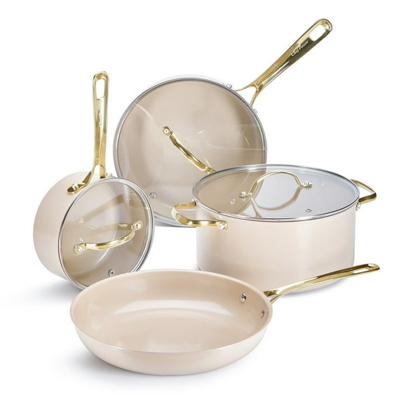 Chef Power 7 Pcs Ceramic Cookware Sets, Non-Stick Pots and Pans Set with Stainless Steel Handles, Dishwasher and Oven Safe, Taupe with Light Gold Handles