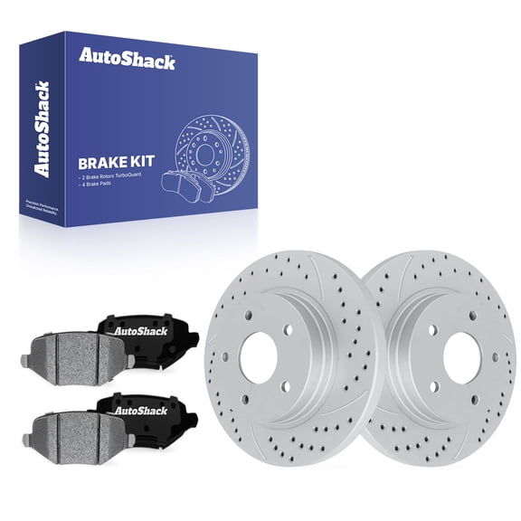 AutoShack Rear Solid Drilled & Slotted Coated Brake Rotor Silver Matte Finish   Ceramic Pad 6-PC Brake Kit Replacement for 2012-2016 Dodge Grand Caravan 2013 Dodge Journey TurboGuard 12.01" (305 mm)