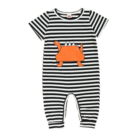 

OLLUISNEO Infant Baby Boys Summer Bodysuit Cartoon Print Crew Neckline Stripe Short Sleeve One-piece Jumpsuit 12-18 Months