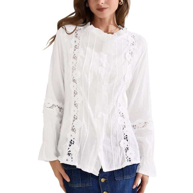 INSPIRAR CHIC Camisas de Puntos Suizos para Mujeres con Cuello con Volantes de Manga Larga Camisas de Botón Casual Blusas de Encaje de Ganchillo XXL Blanca