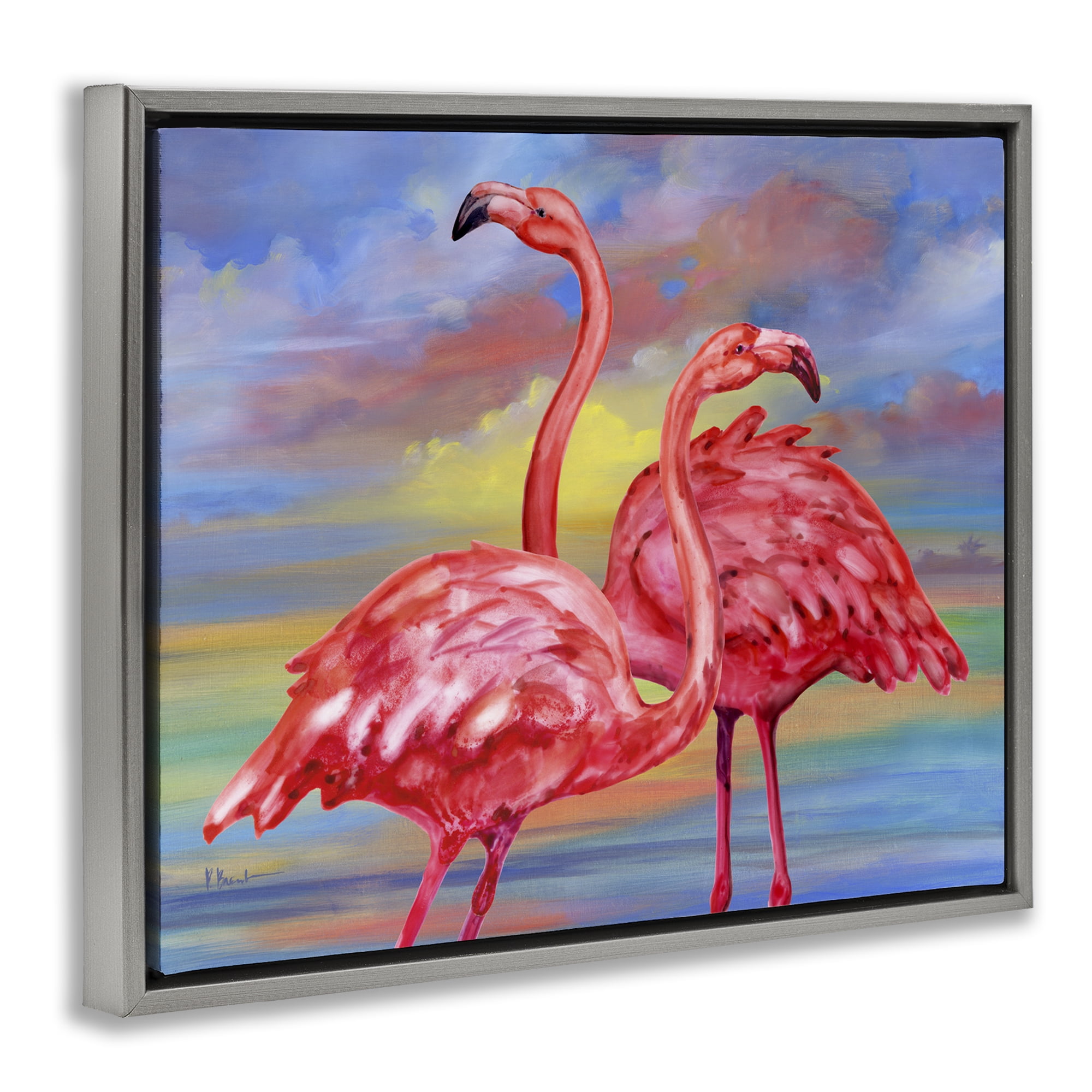 Stupell Industries Rainbow Sunset Flamingos Animals & Insects Painting Gray Floater Framed Canvas Art Print Wall Art, 21 x 17