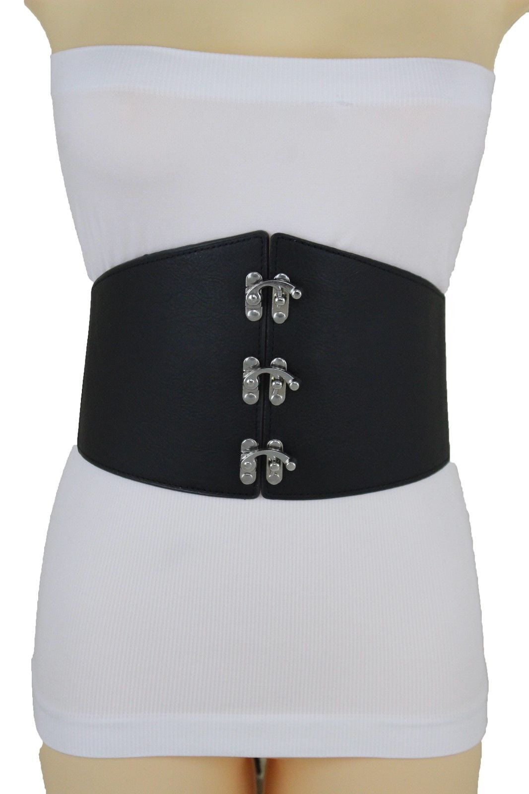 Women Silver Metal Hooks Black Color Extra Wide Corset Belt High Waist Size M L