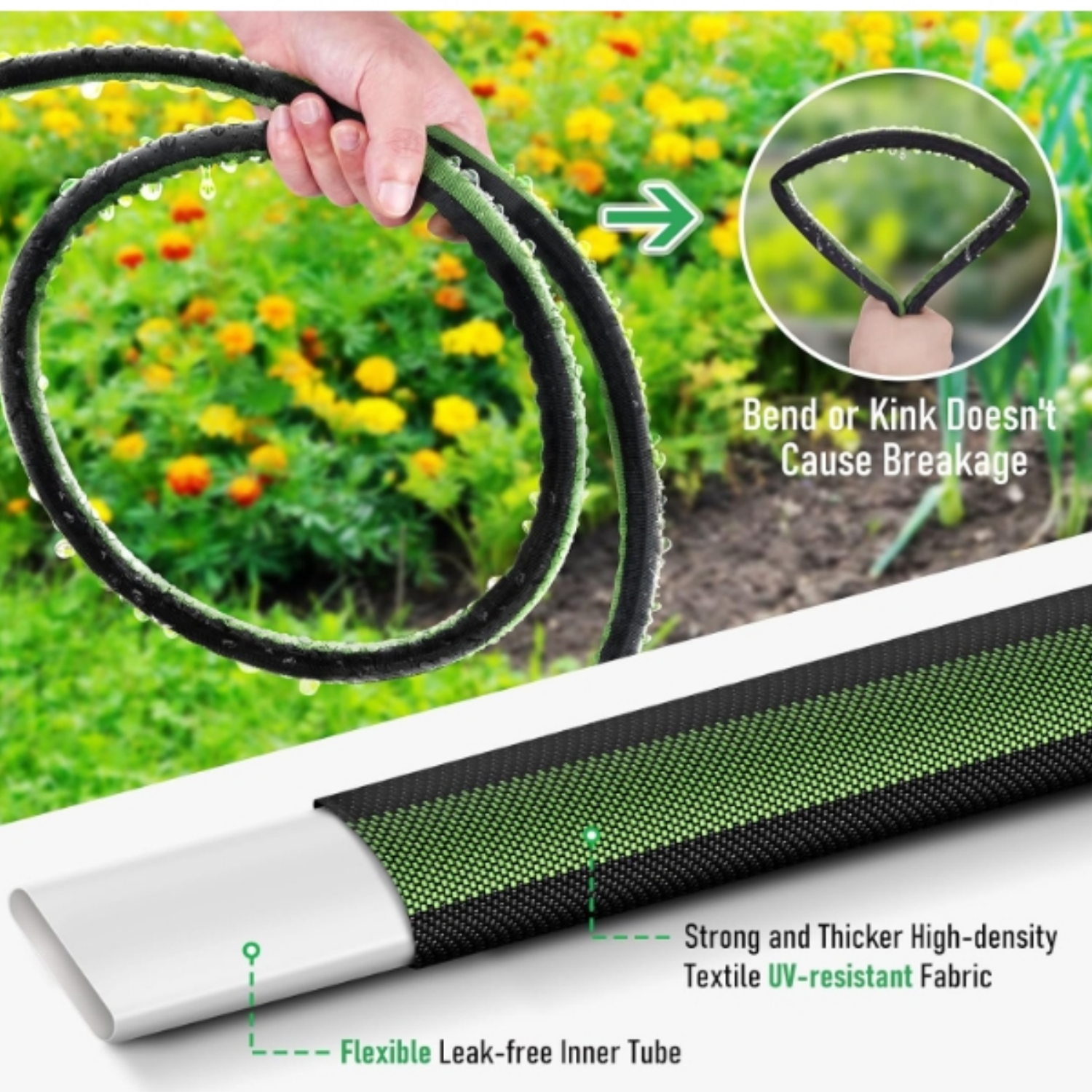 Flat Soaker Hose 100FT for Garden and Lawns, 80% Water-Saving Drip Irrigation Hose with Anodized Aluminum Ends, Flexible Leakproof Double Layer Gardening Hoses