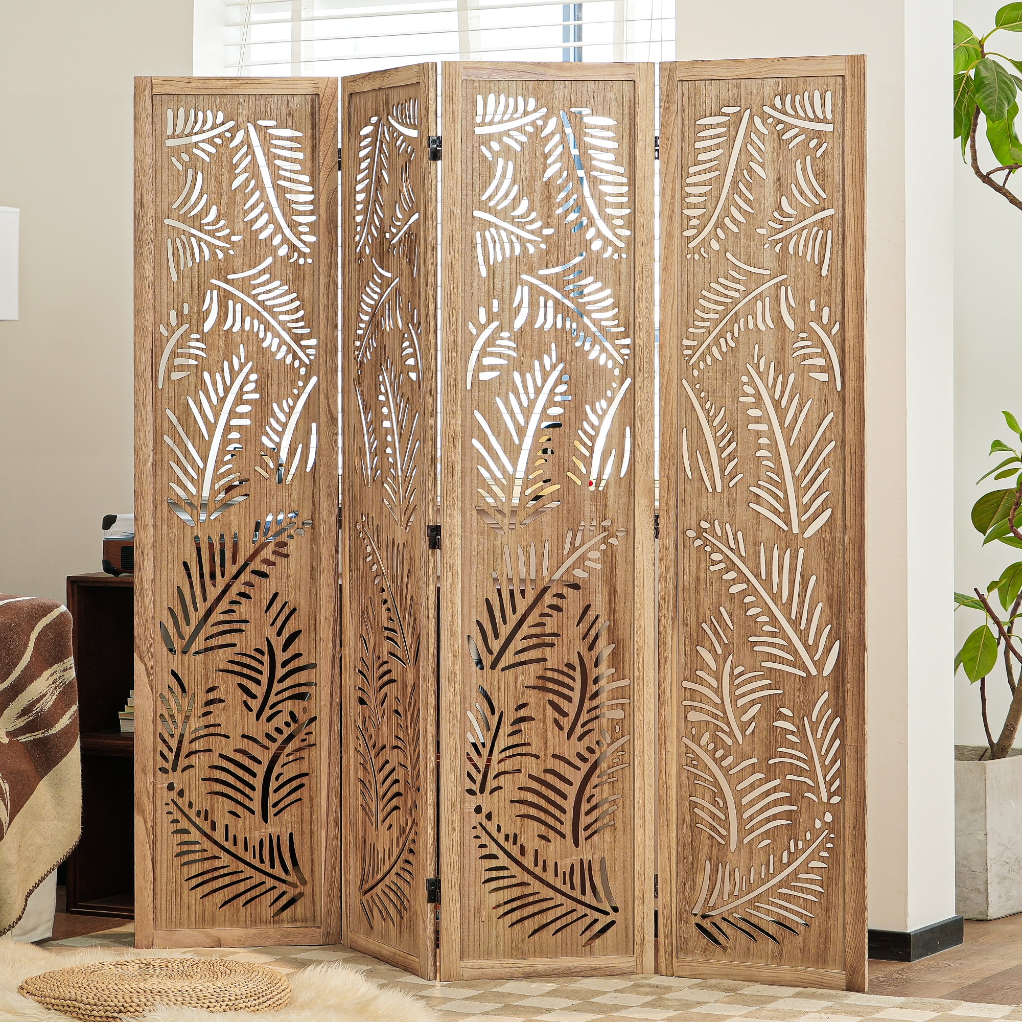 Jostyle 4 Panel Solid Wood Room Divider Privacy Screen - Freestanding Folding Partition with Feather Openwork Design, Paulownia Wood Frame Natural, No Assembly for Living Room, Bedroom, Office