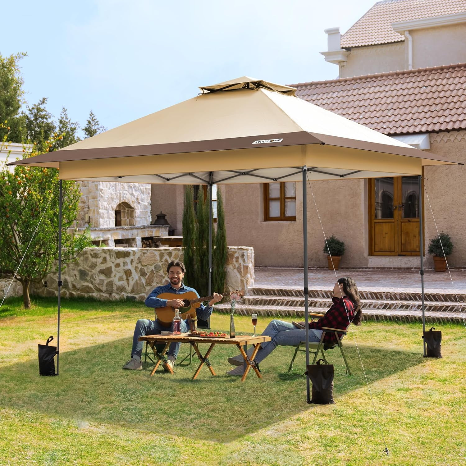 SPECSTAR 10x10ft Pop Up Gazebo Tent One Push Setup Canopy Tent Heavy Duty with Wheel Carry Bag and 4 Sandbags, 2 Tiers Roof for Patio Garden Backyard, Beige