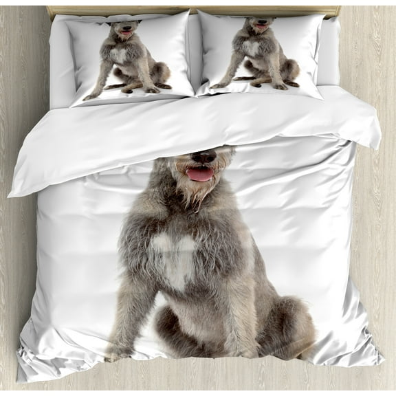 Irish Wolfhound Duvet Cover Set, Substantial Sized Sight-hound Furry Animal Sitting on Hind Legs, Decorative 3 Piece Bedding Set with 2 Pillow Shams, Queen Size, White and Warm Taupe, by Ambesonne