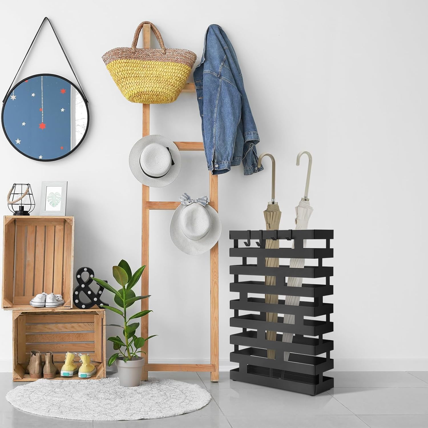 Umbrella Stands for Entryway Large Metal Umbrella Holder 3.94 x 11.81 x 16.93 Inches with Removable Water Tray and Hooks Decor Freestanding Rectangular Hollow Rack for Home Office (Black)
