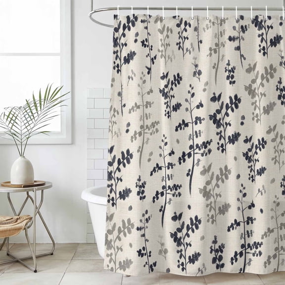 Grey Black Botanical Small Stall Shower Curtain, Waterproof Shower Curtains for Bathroom, Rustic Country Spring Floral Summer Leaf Washable Fabric Bath Curtain for Bathtub with Hooks 36x78 Inches