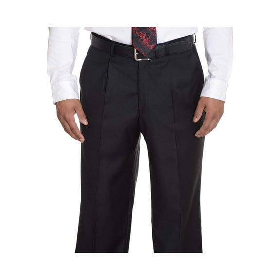 Solid Black Single Pleated Wrinkle Resistant Wool Dress Pants