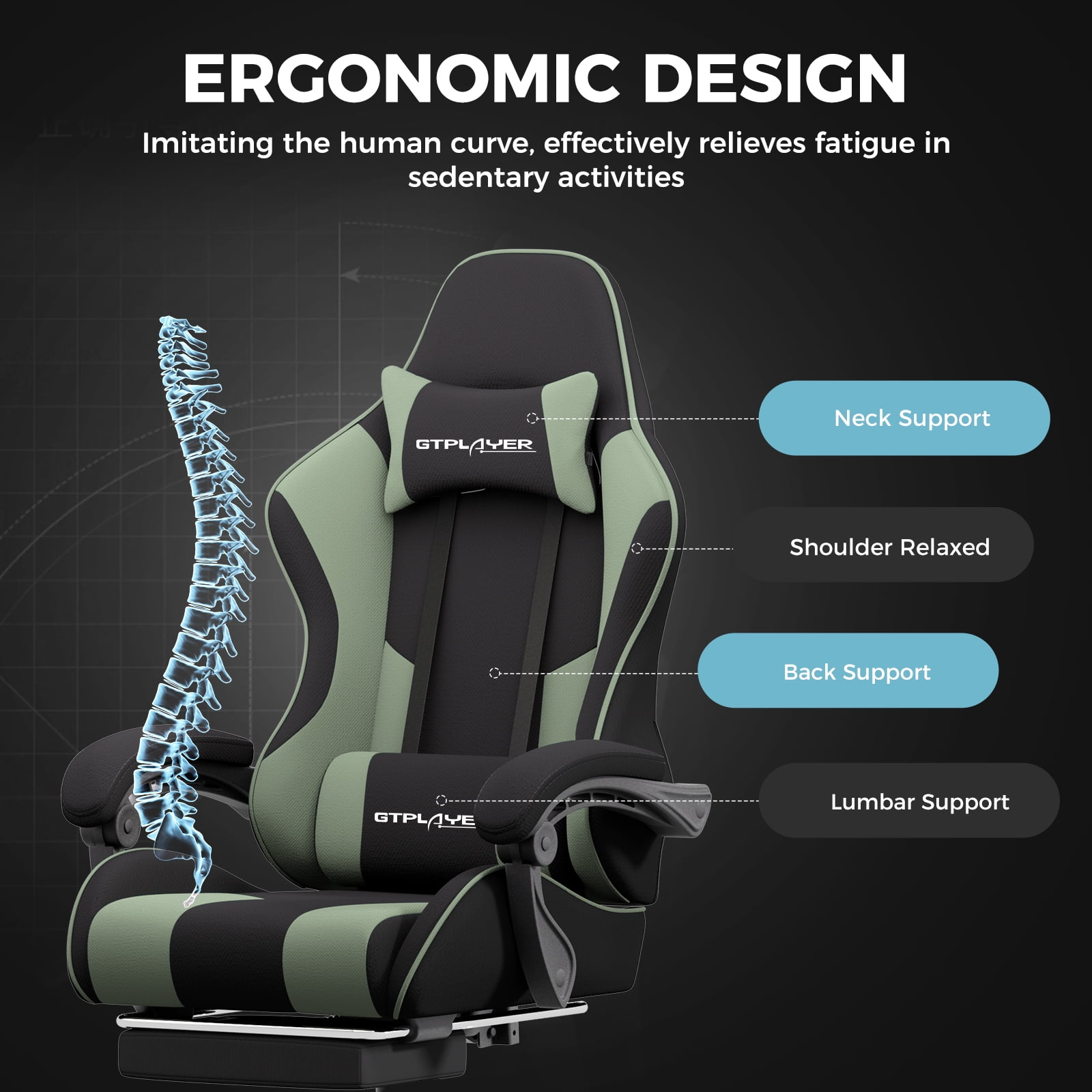 GTPLAYER Gaming Chair with Footrest,Fabric Computer Chair for Office or Gaming, Green