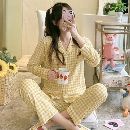 

CoCopeaunt Women Nightwear Sets WAVMIT Women Pajama Set Solid Color Stripes Pyjama Set Long Sleeve Sleepwear Women Top Long Pant